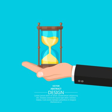 The hand of the businessman holds hourglasses. Time expires. A reminder to action. Business concept. Elements for design. A vector illustration in flat style. clipart