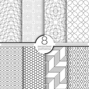Dikişsiz desen seti. Modern şık dokular. İnce çizgiler, altıgenler, zikzaklar, yıldız, edikula ile düzenli olarak yinelenen geometrik süsler. Vektör grafik tasarım unsuru