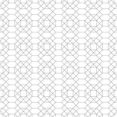 Kusursuz desen. Modern stil geometrik doku. Düzenli olarak doğrusal eşkenar dörtgenler, altıgenler, sekizgenler, kareler tekrarlanıyor. İnce çizgi. Grafiksel tasarımın vektör ögesi