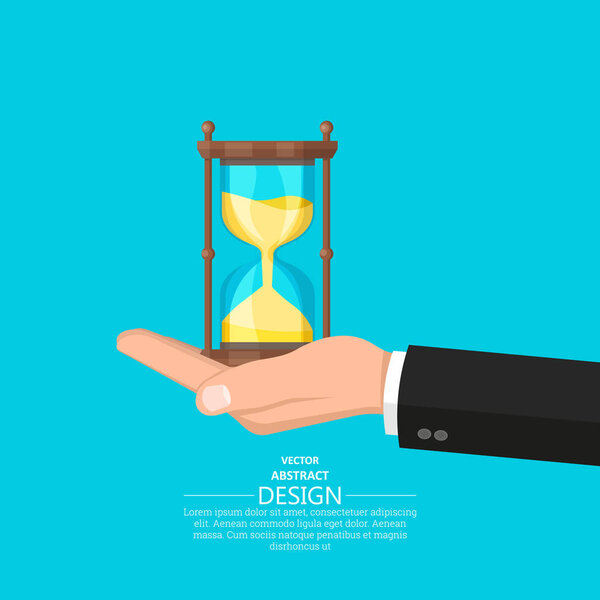 The hand of the businessman holds hourglasses. Time expires. A reminder to action. Business concept. Elements for design. A vector illustration in flat style.