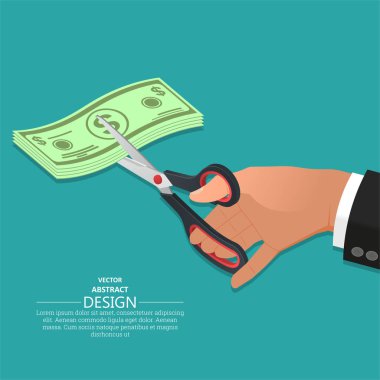 İşadamı el doları notlar makas. Azaltma bütçe kavramı. Money.3d ekonomisi. İsometry. Tasarım öğeleri. Vektör çizim.