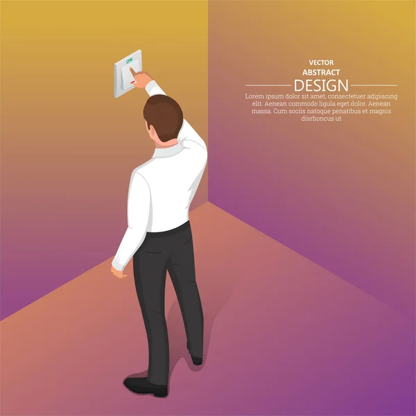 Muž Stiskne Vypínač Vektorové Izometrické Ilustrace Plakátu Reklama Osvětlovací Zařízení — Stockový vektor