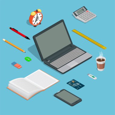 Office, office aygıtları kümesidir. İş için çalışma araçları. İzometrik icon.3d. Tasarım öğeleri. Vektör çizim.