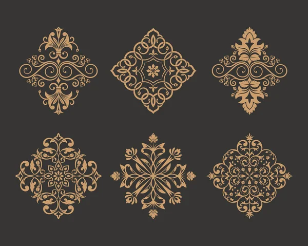 Set Flower Gold Ornaments East Style Damask Elements Design Dark — Stock Vector