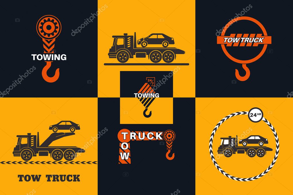 Set of Tow truck icon. Round the clock evacuation of cars. Design can be used as a logo, a poster, advertising, singboard. Vector element of graphic design