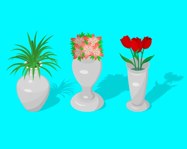 Ein Satz Krüge und eine Vase mit dekorativen Blumen — Stockvektor