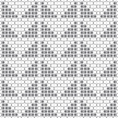 Kusursuz desen. Modern soyut geometrik arkaplan. Değişken kalınlığı, noktalı üçgenleri, zigzag formları olan çemberlerden düzenli olarak tekrarlanan ızgara. Biçimli doku.