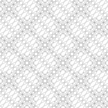 Kusursuz desen. Modern stil geometrik doku. Düzenli olarak doğrusal eşkenar dörtgenler, üçgenler, kareler ile kıvrımlı çokgen şekilleri tekrarlıyor. İnce çizgi. Grafiksel tasarımın vektör ögesi