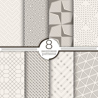 Bir dizi kusursuz desen. Modern tarz dokular. İnce çizgiler, noktalar, zikzaklar, dikdörtgenler ve kesik fayanslarla düzenli olarak tekrarlanan geometrik süsler. Grafiksel tasarımın vektör ögesi