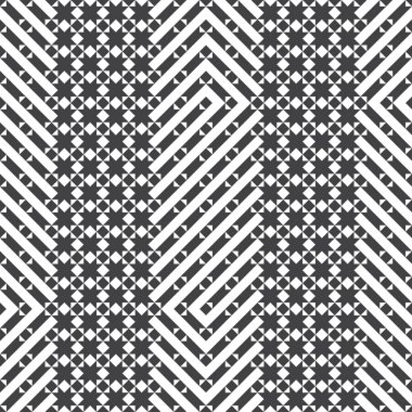 Vektör kusursuz desen. Yıldızlardan, eşkenar dörtgenlerden, elmaslardan, üçgenlerden, şeritlerden oluşan sonsuz tekrar eden modern geometrik doku. Soyut küçük desenli arkaplan.