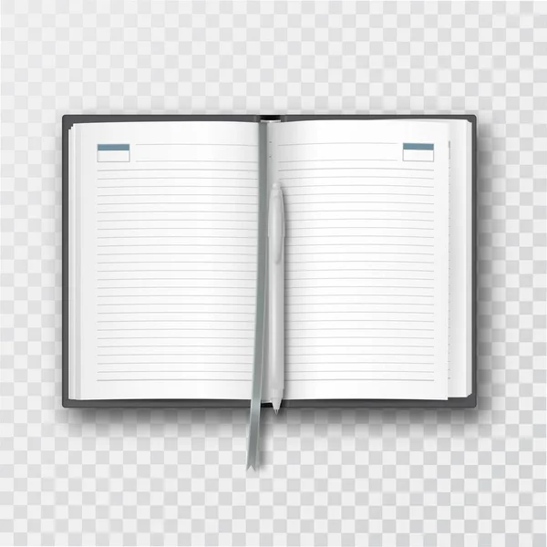 Открыт Ноутбук Закладкой Перьевой Ручкой Офисные Принадлежности Прозрачном Изолированном Фоне — стоковый вектор