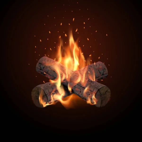 Oheň Letícími Jiskrami Tmavém Pozadí Hořící Dřevo Realistická Vektorová Ilustrace — Stockový vektor