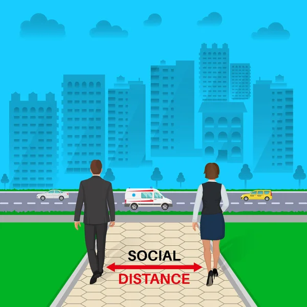 Obserwuj Dystans Społeczny Plakat Ostrzegawczy Pewna Odległość Między Ludźmi Mężczyzna — Wektor stockowy