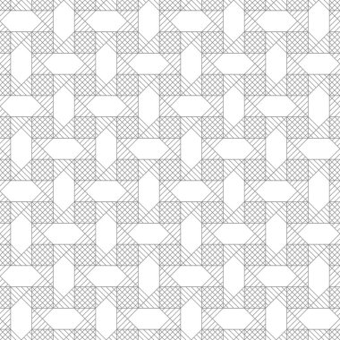 Vektör kusursuz desen. Altıgenler, kareler, eşkenar dörtgenler ve üçgenlerle altıgen doğrusal arkaplan oluşturan ince çizgilerin kesişmesinden oluşan sonsuz olarak tekrarlanan modern geometrik doku.