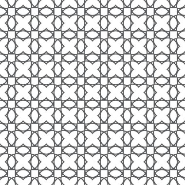 Kusursuz desen. Modern basit doku. Haçlar, ovaller ve karelerle düzenli olarak geometrik doğrusal süslemeleri tekrarlıyor. Soyut desenli arka plan. Grafiksel tasarımın vektör ögesi