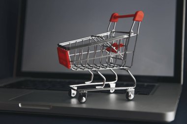 Mini alışveriş sepeti dizüstü bilgisayar arka plan üzerinde homeopatik ilaçlar dolu. Homeopati ve internet online alışveriş kavramı.