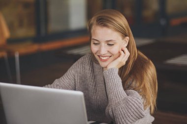 Ofiste çalışırken dizüstü bilgisayarda yaratıcı fikirler hakkında ders veren başarılı bir kadın grafiker tasarımcısı. Netbook 'ta sarı saçlı ve iş haberleri okuyan pozitif öğrenci.