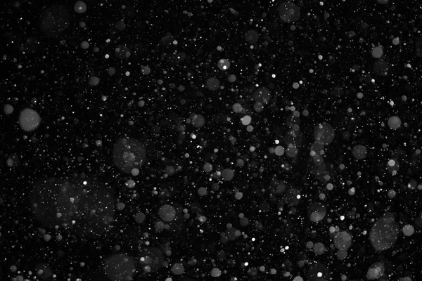 Closeup background texture of snowflakes during a snowfall on a black background — Stock Photo, Image