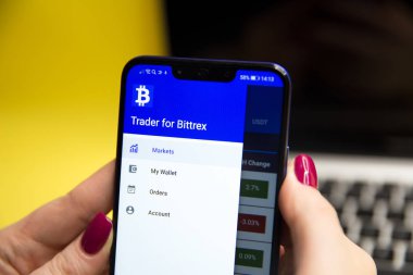 Tula, Rusya - 29 Ocak 2019: smartphone ve sikke yığını üzerinde görüntülenen Bittrex cryptocurrency exchange Web