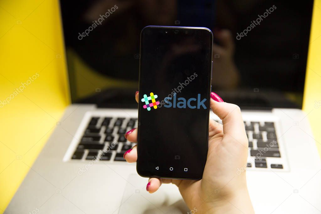 Tula, Russia - JANUARY 29, 2019: Slack logo on smartphone