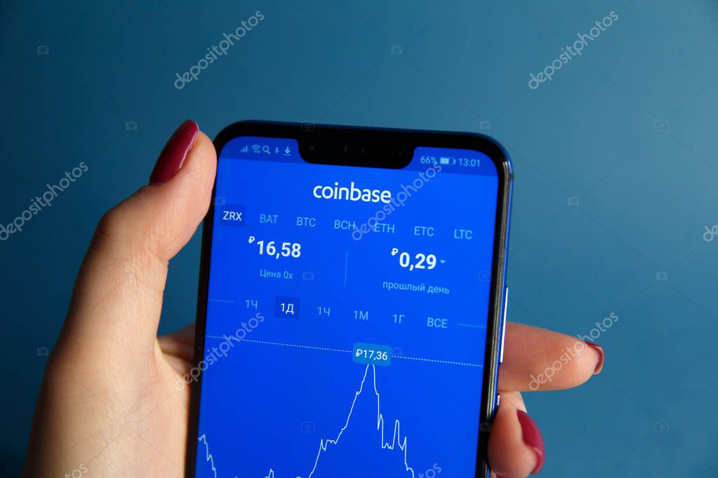 Tula, Russia - JANUARY 29, 2019: Coinbase - Buy Bitcoin and More, Secure Wallet mobile app on the display of smartphone.
