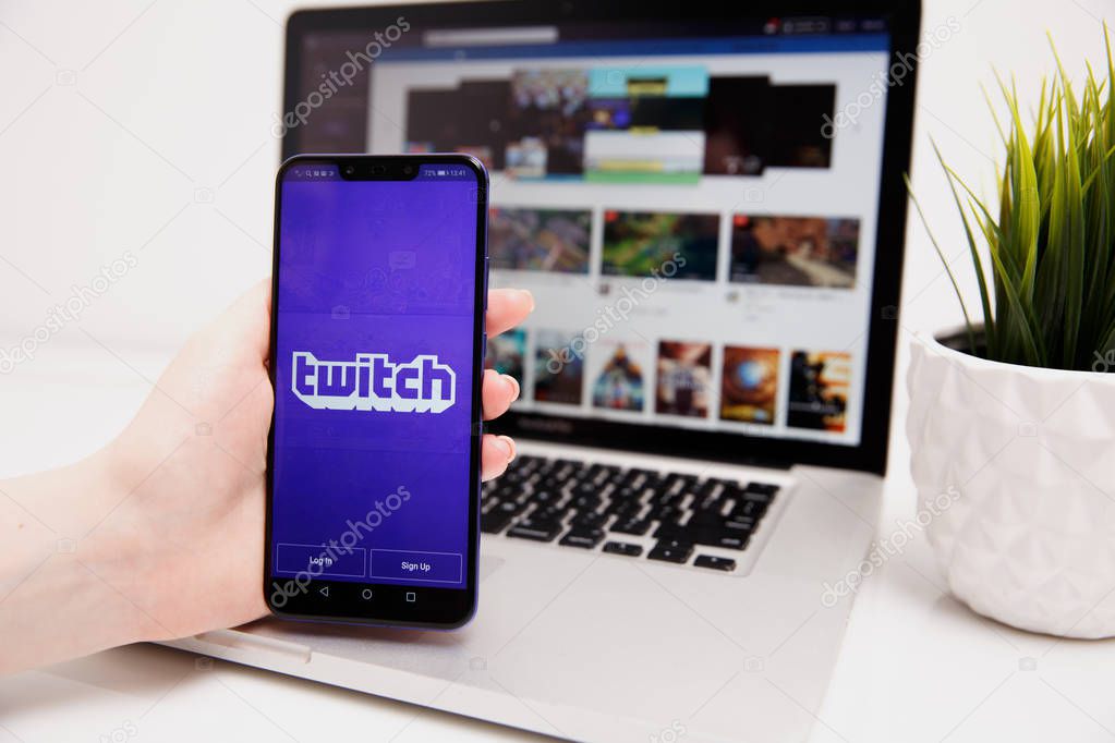 Tula, Russia - February 18, 2019: Closeup of phone Screen with TWITCH