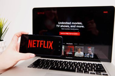 Tula, Rusya Federasyonu - Şubat 18, 2019:Close kadar Netflix app simgesi dizüstü bilgisayar ekranında. Netflix Tv olay izlemek için önde gelen uluslararası bir abonelik hizmeti olan bir