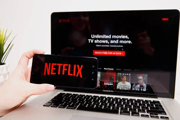 Tula, Rusya Federasyonu - Şubat 18, 2019:Close kadar Netflix app simgesi dizüstü bilgisayar ekranında. Netflix Tv olay izlemek için önde gelen uluslararası bir abonelik hizmeti olan bir — Stok fotoğraf