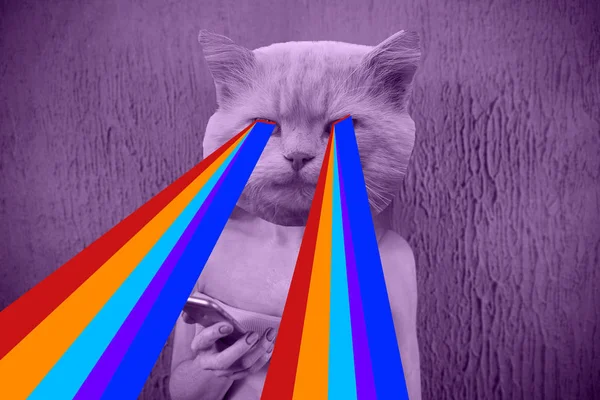 Evil Cat with rainbow lasers from eyes. Minimal collage fashion