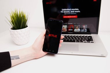 Tula, Rusya Federasyonu - Şubat 18, 2019:Close kadar Netflix app simgesi dizüstü bilgisayar ekranında. Netflix Tv olay izlemek için önde gelen uluslararası bir abonelik hizmeti olan bir