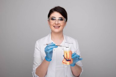 Gri arka planda araçları olan kadın dişçi.