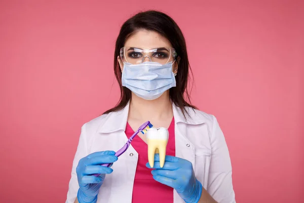 Dentist in the mask and glasses holding model tooth isolated over the pink background.