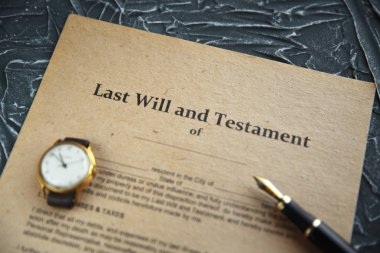 Notarys public pen and stamp on testament and last will. Notary public clipart
