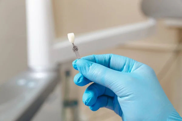 Dentysta w niebieskich rękawiczkach pokazujących paletyt koloru zęba. — Zdjęcie stockowe