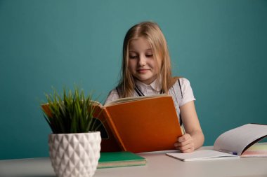 Eğitim ve okul konsepti. Okulda bir sürü kitabı olan gülümseyen küçük kız öğrenci.