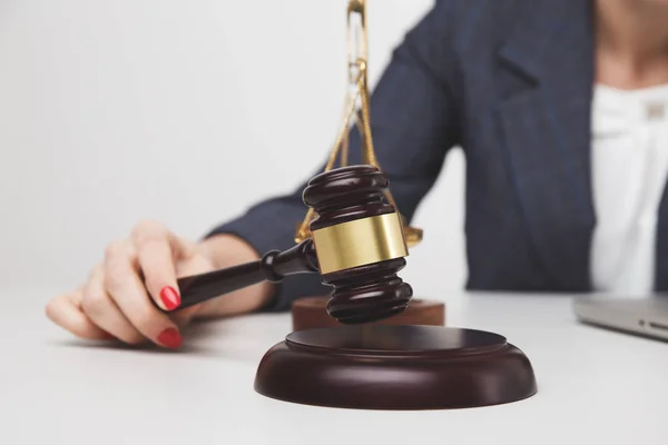 Woman notary with wooden gavel isolated, — Stock Photo, Image