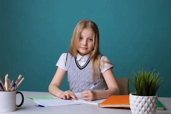 Education and school concept - smiling little student girl with many books at school — Stock Photo, Image