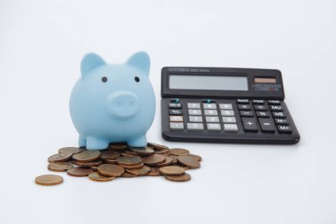 Mavi domuzcuk ya da bozuk para bankası ya da kumbara ya da bozuk para ve hesap makinesi üzerine para kutusu - beyaz arka planda finans ve tasarruf kavramı