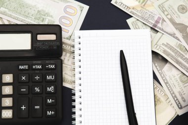 Para banknotları, dolar, iş planlama ve finans kavramı, metin için alan