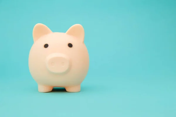 Koncepcja oszczędności. Moneybox w kształcie świni na niebieskim tle miejsce na tekst — Zdjęcie stockowe