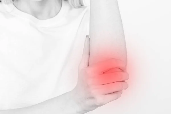 患慢性关节风湿症的妇女。肘部疼痛和治疗概念. — 图库照片
