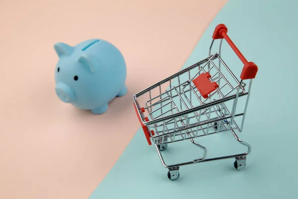 Nákupní koncept, ekonomika, úspory. Prasečí banka s vozíkem v supermarketu na barevném pozadí — Stock fotografie