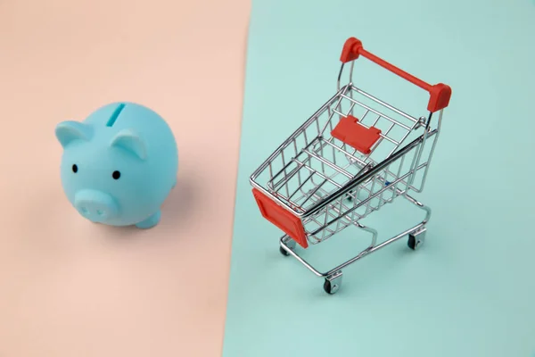 Nákupní koncept, ekonomika, úspory. Prasečí banka s vozíkem v supermarketu na barevném pozadí — Stock fotografie