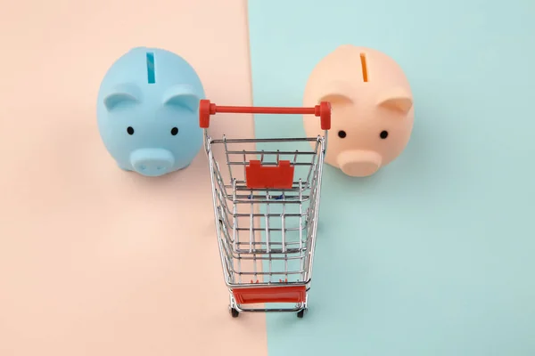 買い物の概念、経済、貯蓄。2ピギーバンクとともにスーパーマーケットトロリー上のカラフルな背景 — ストック写真