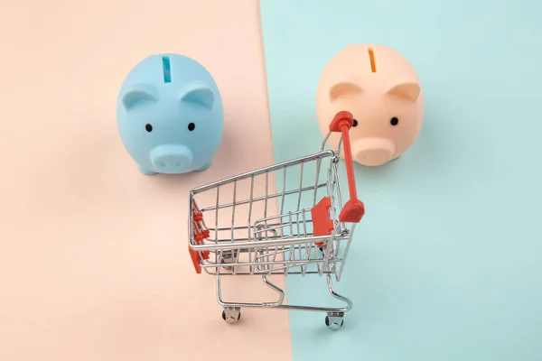 Concepto de compras, economía, ahorros. Dos alcancías con carro de supermercado sobre fondo colorido — Foto de Stock