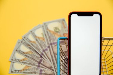 Akıllı telefon, metal market sepeti ve sarı arka planda dolar banknotları. Evden online alışveriş kavramı