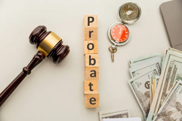 Probate word on the wooden little cubes and gavel on the table. — Stock Photo, Image