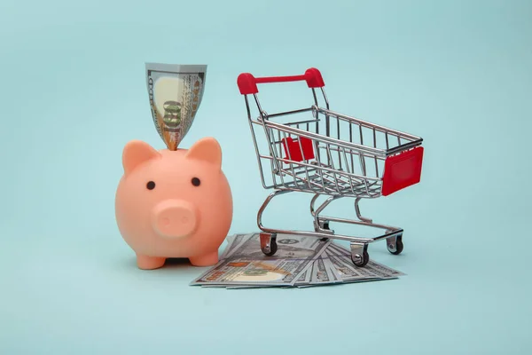 Piggy bank com notas de dinheiro e carrinho em fundo azul — Fotografia de Stock