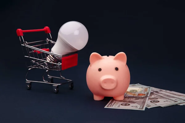 Hucha rosa, carro, dinero y bombilla, concepto de ahorro de energía — Foto de Stock