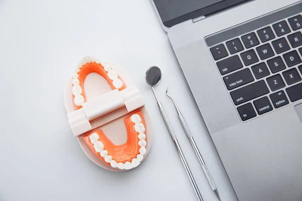 Conceito de cuidados dentários. Modelo de dente saudável com ferramenta de dentista na mesa — Fotografia de Stock